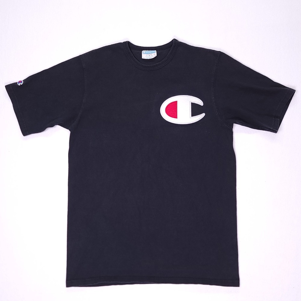 Vintage Champion Patch LOGO T-shirt Mens Large Black